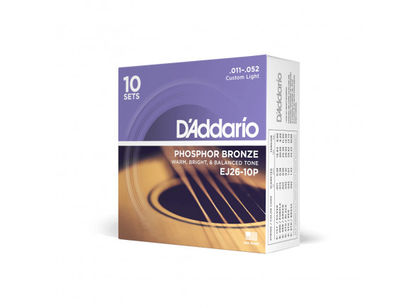 D'Addario EJ26-10P 11-52 Custom Light, Phosphor Bronze - 10 Pack - 11-52 Custom Light, Phosphor Bronze Acoustic Guitar Strings 10-Pack, 