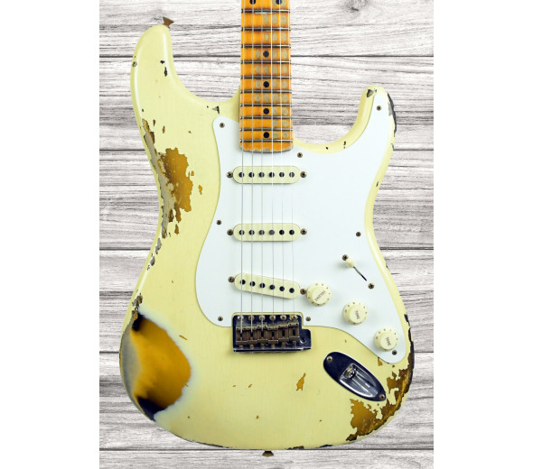 Fender Custom Shop Limited Edition 1956 Super Heavy Relic White Over Sunburst - Cor branca, Guitarra elétrica de corpo sólido, Série Máquina do Tempo de Edição Limitada, Feito nos Estados Unidos, 2021, Partes selecionadas do corpo de amieiro 2x (classificar para leve), 