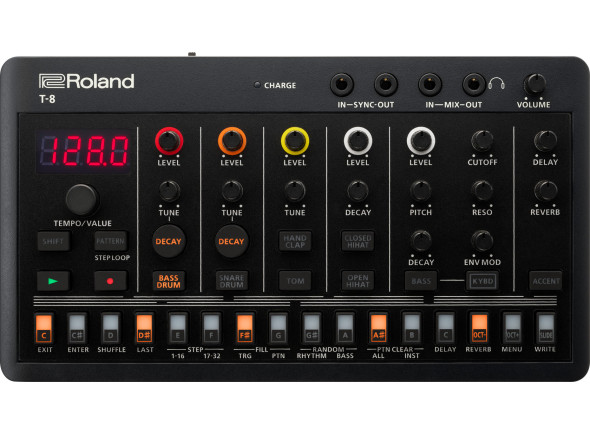 Roland T-8 <b>Caixa Ritmos</b> TR-808 AIRA COMPACT - Roland T-8 Caixa de Ritmos Compacta e Portátil AIRA COMPACT, 6 Drum Tracks + 1 Bass Track + Sequencer 64-steps + Bateria interna, Sons e Ritmos das icónicas Roland TR-808, TR-909 e TR-606, Não nece...