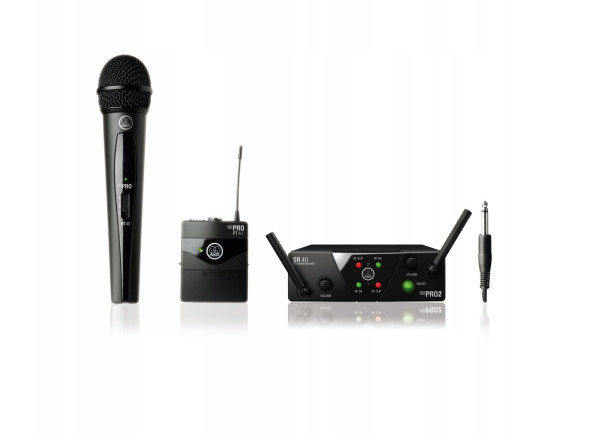 AKG WMS 40 Mini Dual Vocal/Inst US25AC - um microfone dinâmico cardióide com um transmissor HT40 integrado,, Transmissor de cinto PT 40,, receptor com sistema de antena dupla para eliminar a interferência de ondas SR 40 Mini2, duração da ...