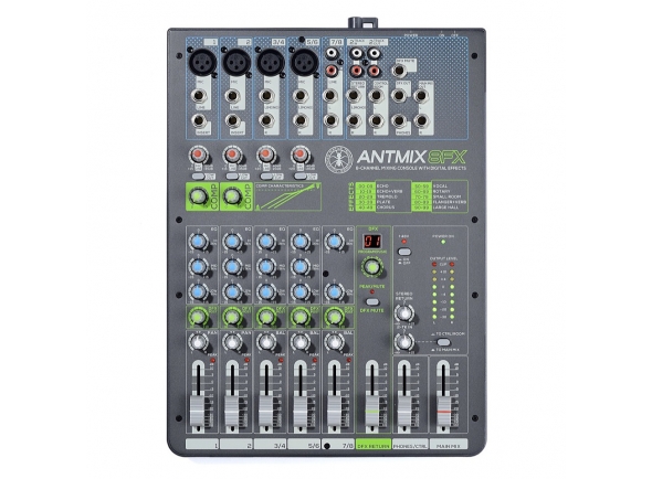 ANT ANTMIX 8 FX  - Mixer com Unidade de Efeitos Integrados, 8 Canais (2x mono mic / linha: XLR / jack de 6,3 mm + insert, 2x mic / line: XLR mono / 6,3 mm jack stereo, 1x stereo: RCA / jack), Potência fantasma de 48V...