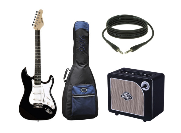 Austin  Pack de Guitarra AST-100 Black - Austin AST100 Black, Cordas: D'Addario, Captadores: 3 Single Coils, Corpo: Solid Hardwood, Amplificador 15W Mooer Hornet Black, Saco 906 GBC-E01, 