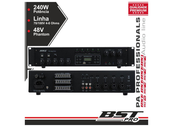 BST PRO Amplificador Pa Phantom 24V 240W 4 Zonas USB/SD/AM/FM