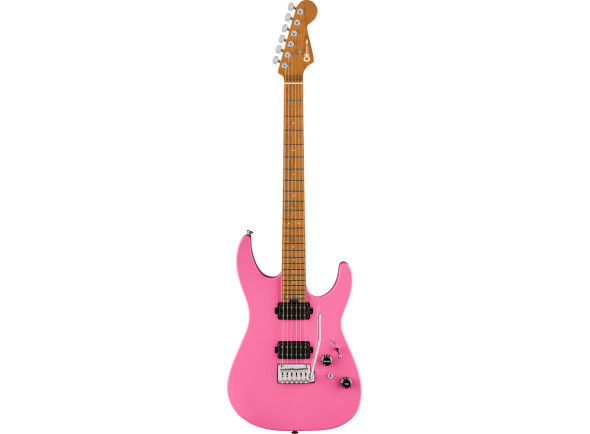 Charvel  PM DK24 HH 2PT CM BBG Pink - Corpo: Amieiro, Braço: bordo caramelizado, Escala: bordo caramelizado, Inserções na escala Perloid Dot com 4 mm de espessura, Perfil do braço: pescoço rápido com bordas enroladas no braço, Raio da ...