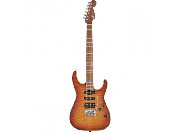Charvel   USA Select DK24 HSS 2PT CM QM AUTUMN GLOW - A guitarra eléctrica Dinky da série Charvel USA Select, feita nos EUA., Acabamento de alto brilho de outono Glow, pescoço para trás com acabamento em uretano aplicado manualmente, Construção aparaf...