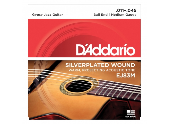D´Addario EJ83M  - Conjunto de cordas de guitarra de jazz cigano, For Django Gypsy Guitars, Gauge: 011-015-024-029-035-045, Ferida de prata, Ball End, 