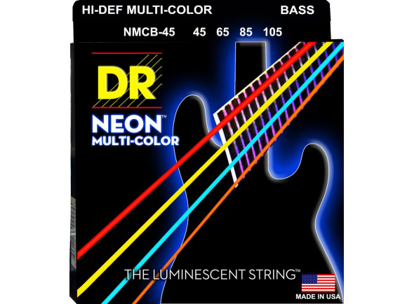 DR Strings  Neon Multi NMCB-45 4 Cordas 45-105 Baixo Elétrico  - Revestimento: K3 Multi-Colour Neon com cores brilhantes, que se destacam debaixo da luz UV, Longa durabilidade devido à camada K3, Gauge: 045, 065, 085, 105, Feito nos USA, 