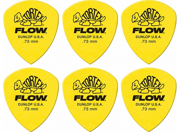 Dunlop Tortex Flow Amarelo (pack 6)  - Pack de 6 medida 0.73, As palhetas de fluxo ortex combinam o snap brilhante das palhetas Tortex com a geometria das palhetas de fluxo, Apresenta um ângulo amplo para focar seu ataque e uma ponta af...