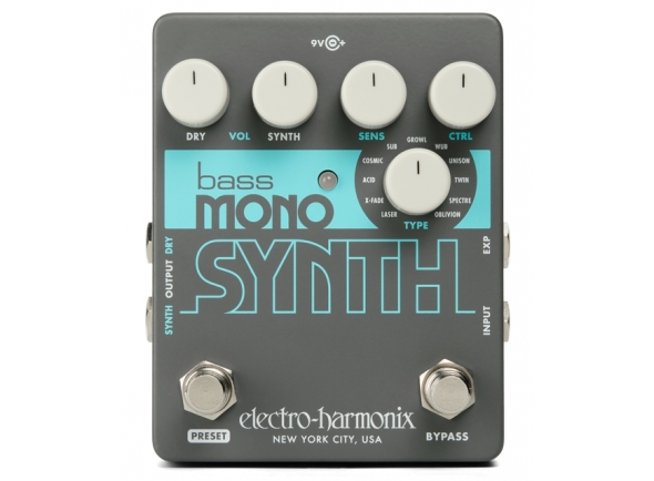 Electro Harmonix Bass Mono Synth  - 11 tipos de diferentes de som que emulam vários sintetizadores vintage, Pedal monofónico: sintetiza uma nota por oscilador, Botões: Type, Ctrl, Sens, Volume (Synth/Dry), Foot-switch: Preset, Bypass...