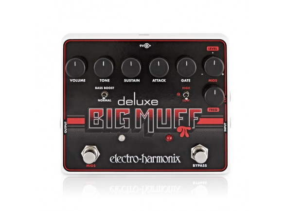 Electro Harmonix  Deluxe Big Muff PI  - Distorção, Controles para: Volume, Tom, Sustain, Attack e Gate, Médias semi-paramétricas, Chave Normal / Bass Boost, Interruptor Q Hi / Low, Bypass verdadeiro, 