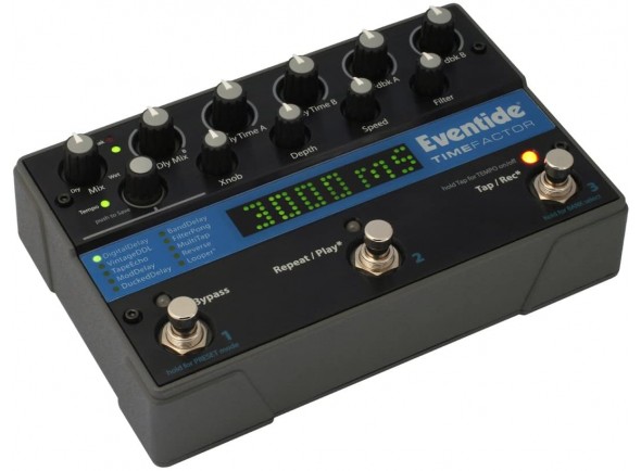 Eventide TimeFactor  - Dois atrasos independentes de 3 segundos, 10 atrasos estéreo ou mono, Mudança de programa instantânea - acesso em tempo real por meio de 10 botões, MIDI ou pedal de expressão, Tap tempo e sincroniz...