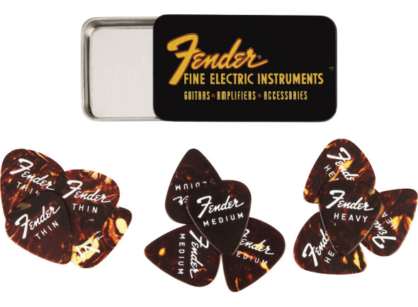Fender  Fine Electric Pick Tin 12 Pack - 12 icônicas palhetas de celulóide em uma elegante lata colecionável com logotipo vintage., 
