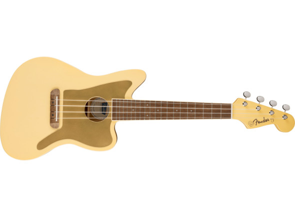 Fender  FSR Fullerton Jazzmaster Uke Vintage White - Uma homenagem às formas do corpo da icônica guitarra Fender, os ukuleles Fullerton Series são elétricos, para dizer o mínimo., O Fullerton Jazzmaster é inspirado na construção e estética tradiciona...