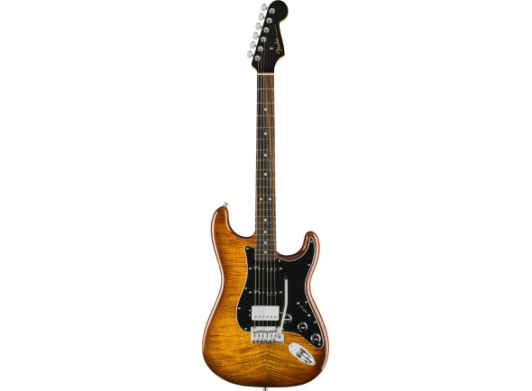 Fender American Ultra LTD Strat HSS EBY TGR - Corpo: Amieiro, Tampo: bordo flamejado, Braço: Ácer, Escala: ébano riscado, Entalhes de madrepérola branca na escala, Raio da escala composto: 254 mm - 355,6 mm (10 - 14), 