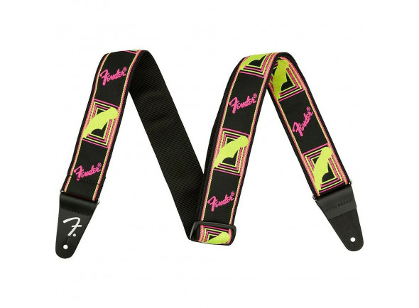 Fender Neon Monogram Guitar Strap - Yellow/Pink  - Comfortable polyester guitar strap with neon design, Classic Fender logo along strap length, 