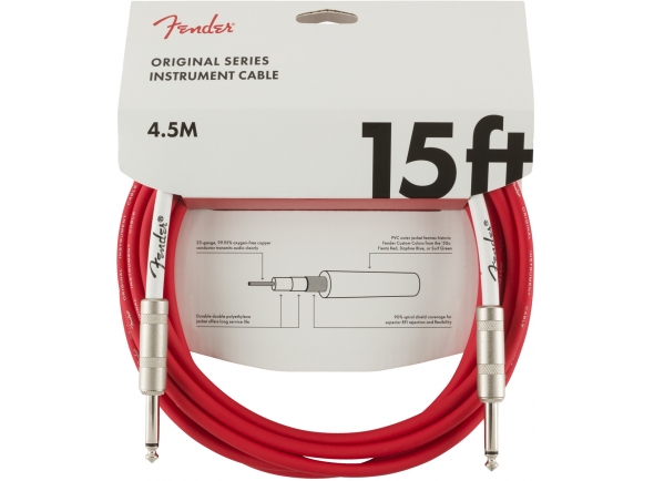 Fender Original Cable FR Jack 4.5m  - Comprimento: 4.5 m, Cobertura de 8 mm em PVC para evitar ruídos adicionais, Blindagem: 90% de cobre, Cor: Fiesta Red, 