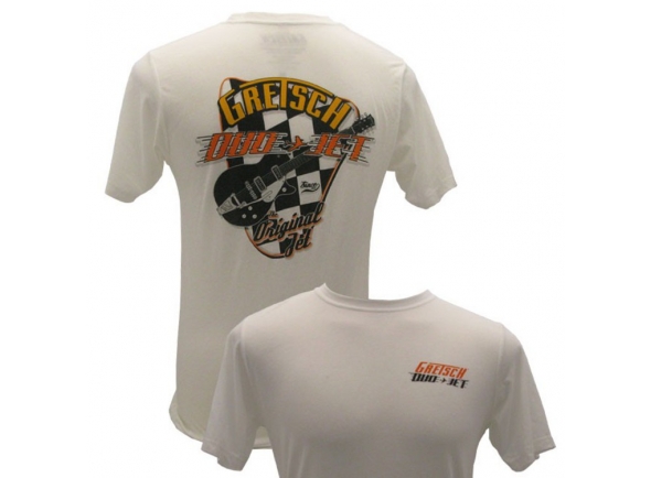 Gretsch Duo Jet M  - T-shirt de Gretsch, cor: branco, letras grandes na parte de trás, impressão menor na frente, com costura dupla, tamanho M, 