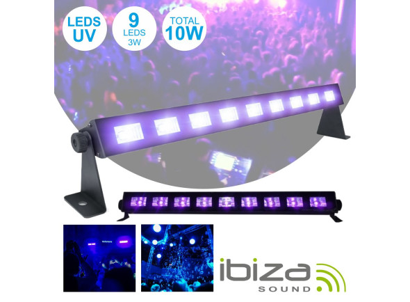 Ibiza  Barra Leds UV C/ 9 Leds UV 3W e Suporte LED-UVBAR - Barra de LEDs UV c/ 9 LEDs UV 3W, Estrutura metálica preta c/ vidro, Operação Plug & Play c/ interruptor, Tensão funcionamento: 230Vac, Potência: 27W, suporte ajustável, Peso: 0.75 kg, 