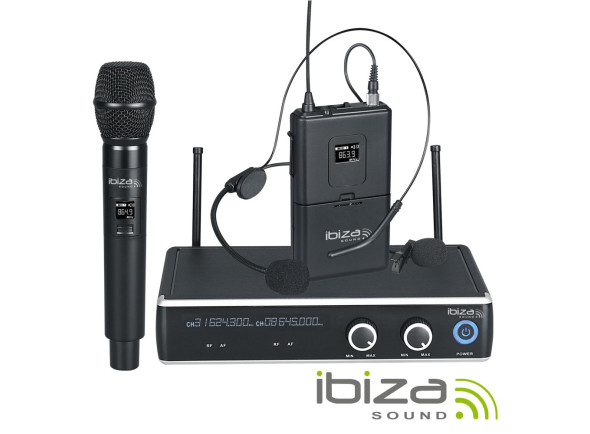 Ibiza Central Microfone s/ Fios 2 Canais UHF 863.9/864.9MHZ DR20UHF-HB - Central microfones UHF s/ fios c/ 2 canais, Frequência funcionamento: 863.9~864.9MHz, Sensibilidade: -105dBm, Alcance máximo: 60m, 1 Microfone de mão, 1 Microfone headset s/ fios, Frequência de res...