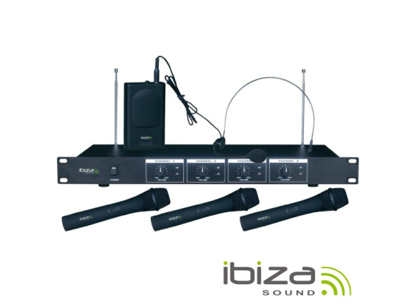 Ibiza  Central Microfone S/ Fios 4 Canais VHF 201.1/207.5MHZ VHF4 - Central de Microfones VHF s/ fios c/ 4 Canais, 3 Microfones de Mão e 1 de Cabeça c/ receptor, Frequências: 201.1-205.8-203.5-207.5MHz, Saída áudio: 0-300mV, potência saída: 10mW, Alcance de áudio d...