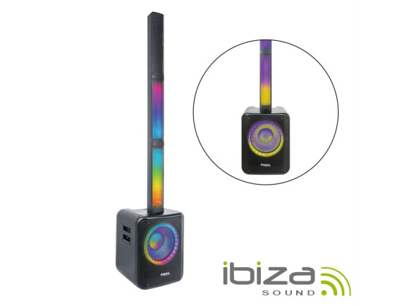 Ibiza  Coluna Amplificada 12 USB/SD/AUX/BT LED TWS - Coluna amplificada 12 Luz LED, Potência: 700W (máx.), Vários modos luz, 1x USB / 1x SD / Mic / AUX / Bluetooth TWS, Frequência: 45Hz-20kHz, Equalizador, Amplificador, Inversor fases, Alimentação: 2...