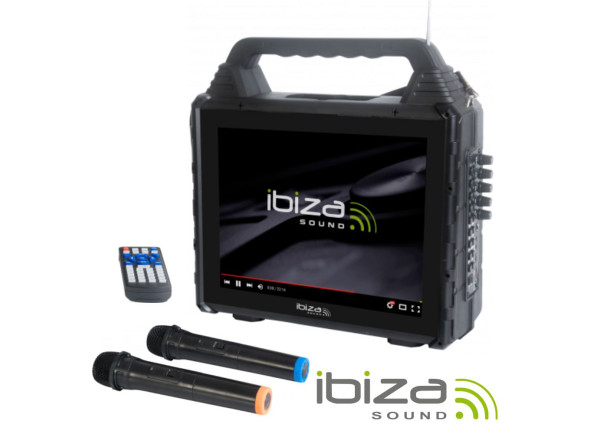 Ibiza  Coluna Amplificada c/ Ecrã USB/BT/SD/AUX - Altifalante c/ ecrã 14.1, Resolução: 1024x768, Compatível c/ Android e iOS, 2 Microfones (incl.), Bluetooth / USB / SD / AUX, Comando incluído, Frequência: 20Hz - 20000Hz, Potência: 30W (RMS), Funç...