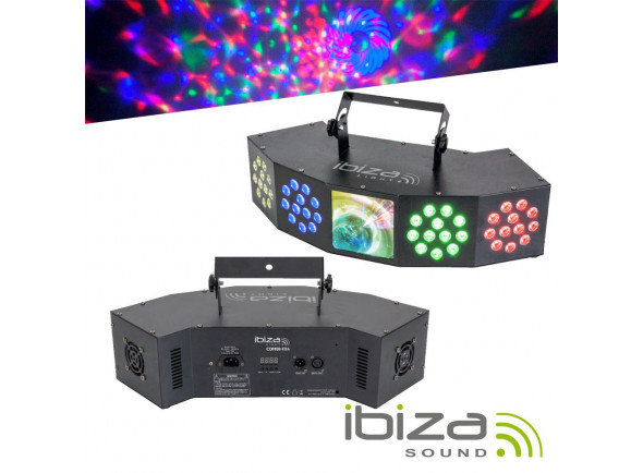 Ibiza  COMBI-FX4  - Projetor 3 em 1 LED RGBW c/ 3 efeitos de luz, Efeitos WASH, MOON e STROBE, Modos: Auto, Master, Slave ou DMX, 6 canais DMX, Consumo de energia: 26W, Alimentador 12VDC 3A e comando incluído, 