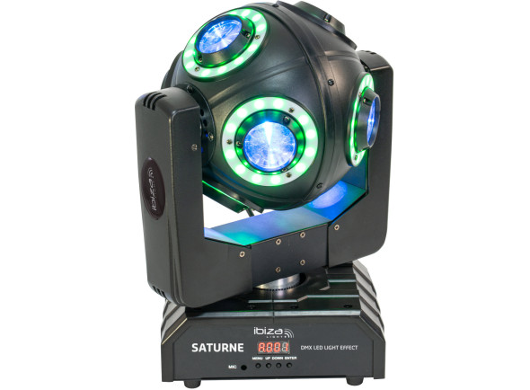 Ibiza  Light Saturne - LED 100W, 28 LEDs SMD RGB de 0,2 W para o anel de luz, Funcionamento em DMX, mestre-escravo, controlado por som ou automaticamente, 22/24/30 canais DMX, Modo Totem, 1 roda de cores com 11 cores mai...