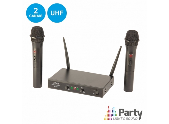 PARTY-200UHF-MKII CENTRAL MICROFONES S/FIOS 2 CANAIS  UHF  - Central microfones UHF s/ fios c/ 2 canais, Frequência funcionamento: 863.1 & 864.8 MHz, 2 Microfones de mão UHF, central s/ fios, Controlos de volume separados por canal, Sensibilidade receção: >5...