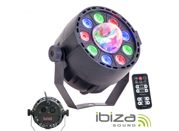 Ibiza  Projector Luz c/ 9 Leds RGBW DMX - Projetor Luz C/ 9 LEDS RGBW, Alimentação: AC 220-240V 50/60Hz, 8 Canais DMX, 2 em 1 (2 efeitos) PAR CAN + ASTRO, Controlo remoto incluído, 