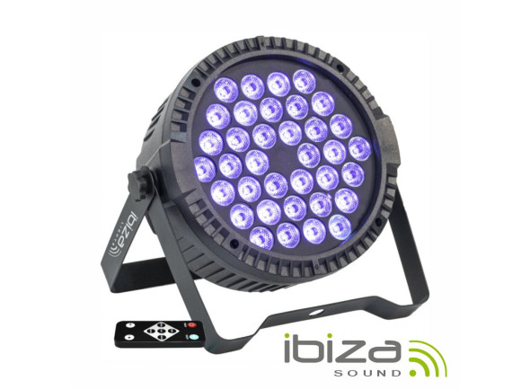 Ibiza  Projector PAR c/ 36 Leds 3W UV DMX - Projector c/ LEDs UV, Número de LEDs: 36 LEDs c/ 3W potência, 36 LEDS UV, 3 modos, Automático, MASTER-SLAVE, 2 canais DMX, Tensão funcionamento: 110-240V~50/60Hz, Dimensões: 185x185x80mm, 