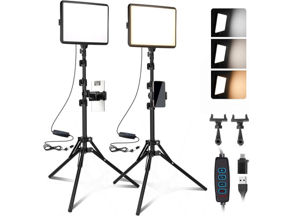 Kit de 2 Luzes LED para Fotografia e Vídeo NiceVeedi 25 x 20 cm, 2800K-6500K, 15W, com Tripés e Suporte para Telemóvel
