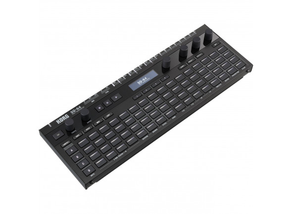 Korg  SQ-64  - Sequenciador de etapas polifônico com 4 faixas, 3 faixas de melodia com polifonia de 8 dobras e 16 padrões de 64 passos cada, Faixa de bateria com 16 subfaixas monofônicas, Matriz de 64 teclas com ...