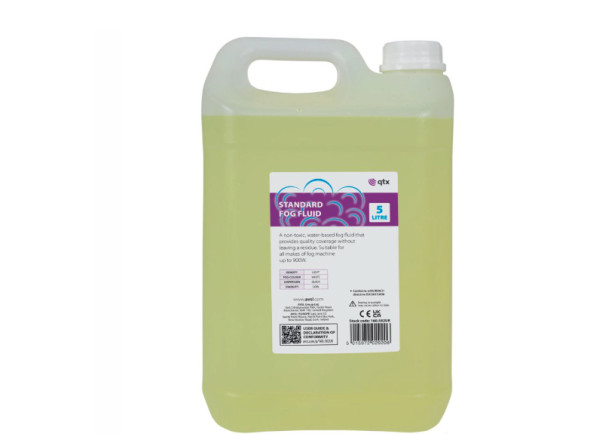 QTX Líquido de Fumos Standard 5L - Capacidade de 5 litros, Fórmula à base de água, Produz fumo com cobertura uniforme, Não tóxico, Sem odor, Não deixa resíduos após utilização, 