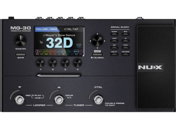 Nux MG-30  - Modelos de 30 amplificadores: 25 amplificadores para guitarra elétrica, 3 amplificadores de baixo e 2 modelos de amplificadores acústicos, Cabine IRs com 8 tipos de microfone e 3 posições, Software...