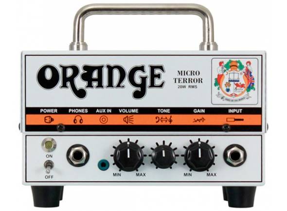 Orange Micro Terror  - Potência de 20 watts, 1 canal, Controla volume, tom e ganho, Tubo de precisão: 1x ECC83, Entrada AUX: jack de 3,5 mm, Conexão de alto-falante: 1x 8 Ohm, 