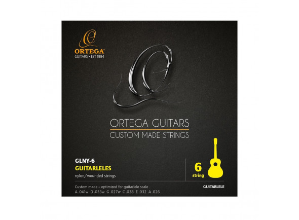 Ortega Guitarlele Strings GLNY-6  - Código: GLNY-6, Material: Nylon / Ferido, Para tipo de instrumento: Guitarlele Escala de 420 mm - 440 mm, Número de cordas: 6, Design: Custom Made, 6o A: 1,04 mm .041 '', 