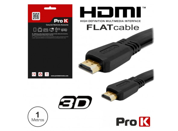ProK   Cabo HDMI Dourado Macho / Macho 1.4 Preto 1M Flat  - Cabo HDMI 1.4 Alta resolução compatível c/ 3D, HDMI Macho / HDMI Macho, tecnologia HDMI1.4, A versão HDMI 1.4 permite ligações 100Mbit/s, Suporta resoluções 4K x 2K, Até 1080p Full HD, Cabo FLAT Pr...