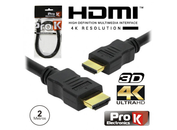 ProK Cabo HDMI Dourado Macho / Macho 2.0 4k Preto 2m  - Cabo HDMI 2.0 ULTRA HD 4K Alta resolução 3D, HDMI Macho / HDMI Macho, tecnologia HDMI2.0, A versão HDMI 2.0 permite tráfego até 18Gbps, Suporta resoluções de 3840x2160 até 60 fps, 32 Canais Áudio, ...