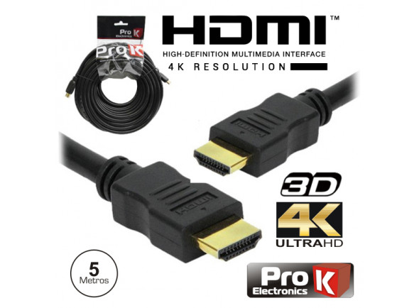 ProK   Cabo HDMI Dourado Macho / Macho 2.0 4k Preto 5m - Cabo HDMI 2.0 ULTRA HD 4K Alta resolução 3D, HDMI Macho / HDMI Macho, tecnologia HDMI2.0, A versão HDMI 2.0 permite tráfego até 18Gbps, Suporta resoluções de 3840x2160 até 60 fps, 32 Canais Áudio, ...