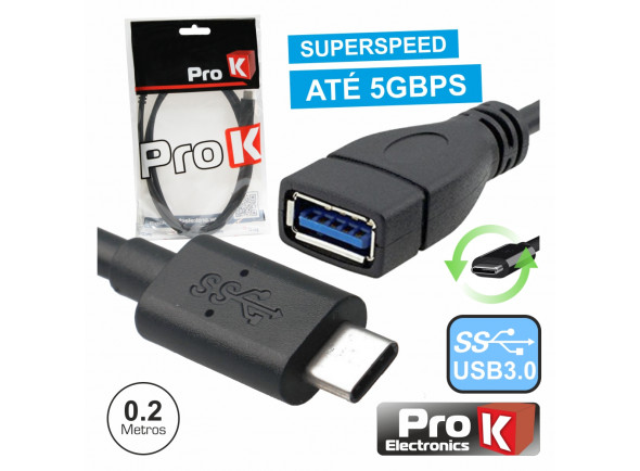 ProK   USB-C 3.0 Macho / USB-A Fêmea 0.2m  - Cabo USB-C Macho / USB-A Fêmea, Estrutura em PVC Preto, Tecnologia SUPERSPEED USB 3.0, Transferência de dados até 5 Gbps, Conector USB-C estreito e reversível, Comprimento do cabo: 0.2 Metros, 