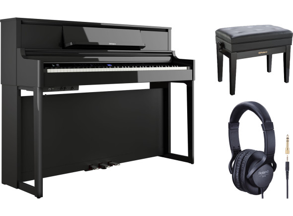 <b>Roland LX-5-PE PIANO HOME DELUXE PACK 10 ANOS GARANTIA Piano Vertical Preto Polido com banco de piano Roland RPB-500BK e auscultadores Roland RH-A7-BK