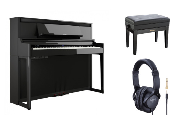 Roland LX-6-PE PIANO HOME DELUXE PACK 10 ANOS GARANTIA Piano Vertical Preto Polido com banco de piano Roland RPB-500BK e auscultadores Roland RH-A7-BK