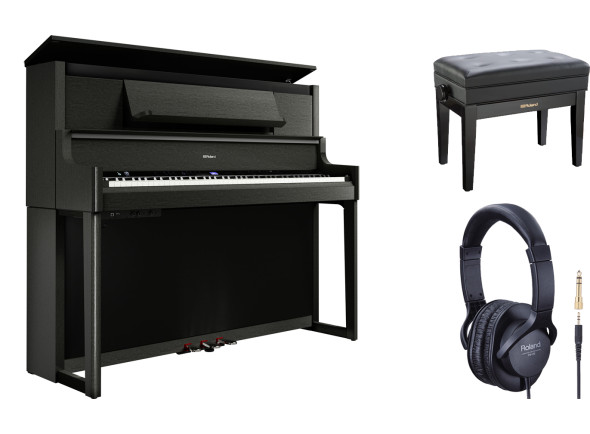 Roland LX-9 CH PIANO HOME DELUXE PACK 10 ANOS GARANTIA Piano Vertical Preto com banco de piano Roland RPB-500BK e auscultadores Roland RH-A7-BK