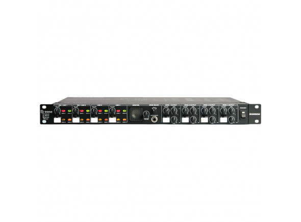Samson  S-ZONE 4 Channel 4 Zone Stereo Mixer  - Mixer estéreo de 4 canais/4 zonas, Duas entradas de Mic/Stereo Line com redução, Duas entradas estéreo de CD/linha, Monitoramento de alto-falante e fone de ouvido integrado, Conectores de saída Eur...