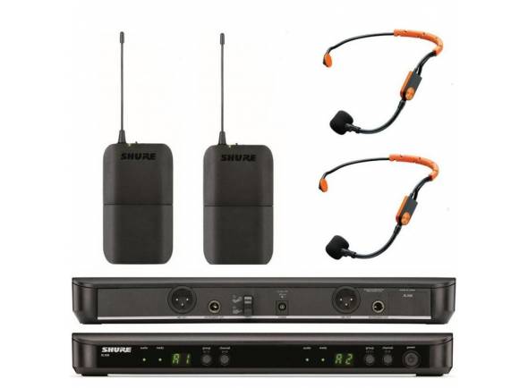 Shure BLX188/SM31 Wireless Dual Fitness Headset - 2 Microfones headset SM31, 2 Transmissores Bodypack BLX1, 1 Receptor Sem Fio BLX188 (em rack), Sistema sem fio de headset com SM31, Saída em XLR (MIC out) e em jack 6,3mm (Instrument Out), Impedânc...