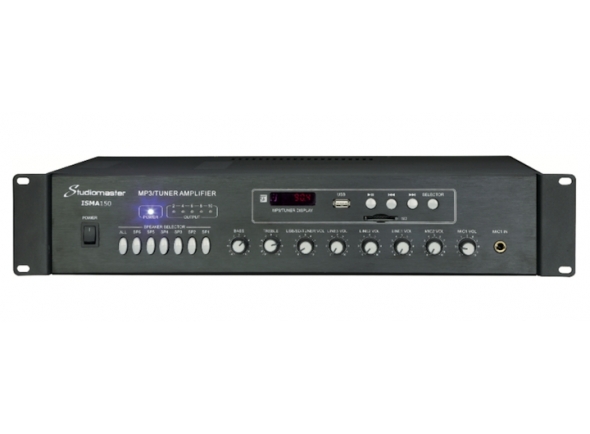 Studiomaster ISMA150  - 2 mic, 2 entradas de linha, 150W 100V line 6 saídas selecionáveis por zona, Reprodução de MP3 / USB / SDcard integrada com recurso de sintonizador de FM, EQ de 2 bandas na saída, Capacidade de mani...