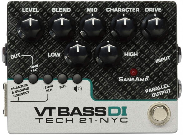 Tech 21 SansAmp Character VT Bass DI  - Série de personagens, Pedal de pré-amplificador de baixo, 3 saídas: Amp / saída de gravação com simulação de alto-falante / saída DI, EQ de 3 bandas, Fonte de alimentação via bateria de 9V ou com f...