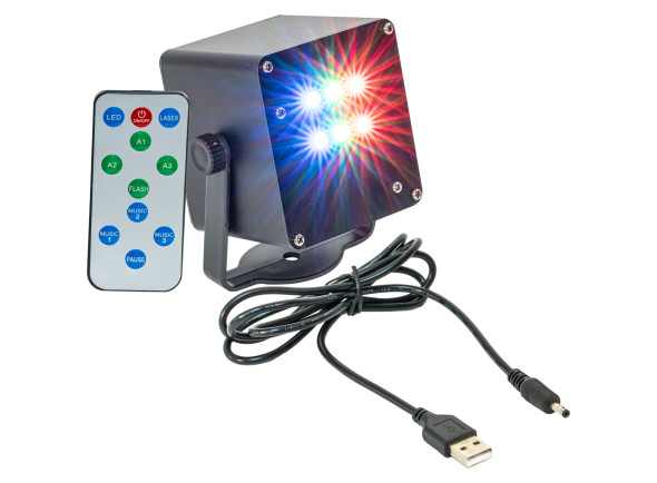 TINYLED-RGB-STROBE  Projector LED - 6x 1w RGB LED, Bateria recarregável, Incluído: Comando e cabo para recarregar, 