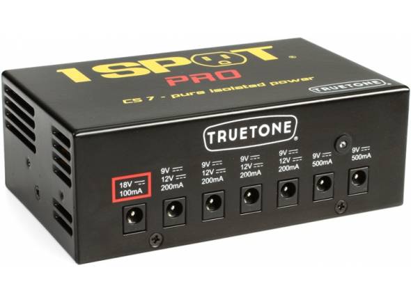 Truetone 1 Spot Pro CS7  - 7 Saídas totalmente isoladas: 1x 18V DC 100 mA, 4x 9 / 12V DC 200 mA e 2x 9V DC 500 mA - total 1900 mA, Tecnologia moderna, Operação silenciosa, Tensão de entrada internacional de 100 a 240 V, Dime...